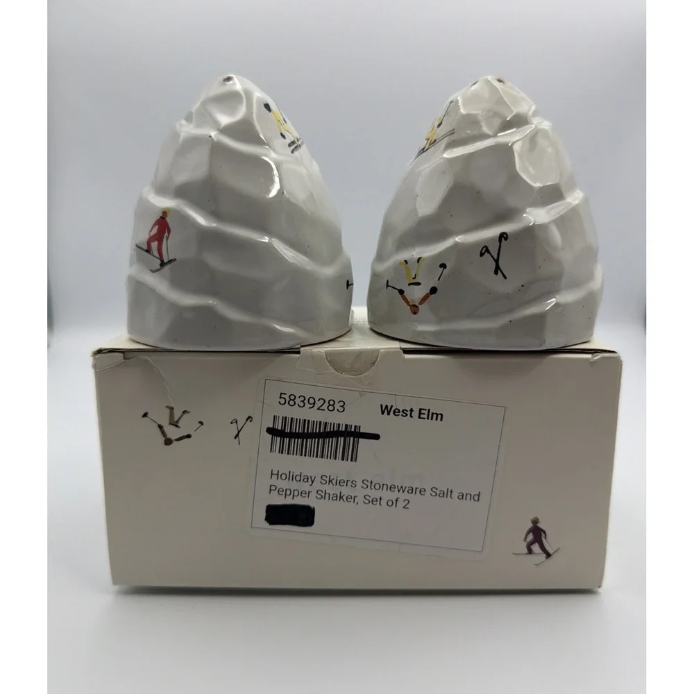 NIB West Elm Christmas St. Jude Holiday Skier Stoneware Salt And Pepper Shakers